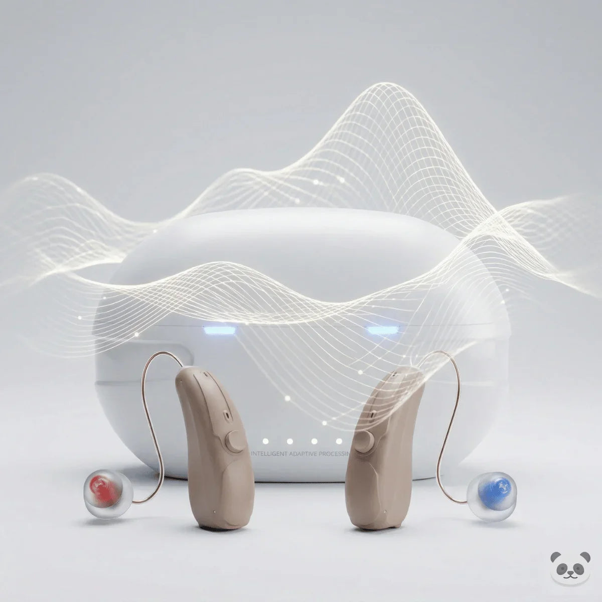 Panda Quantum hearing aids in beige displayed with charging case