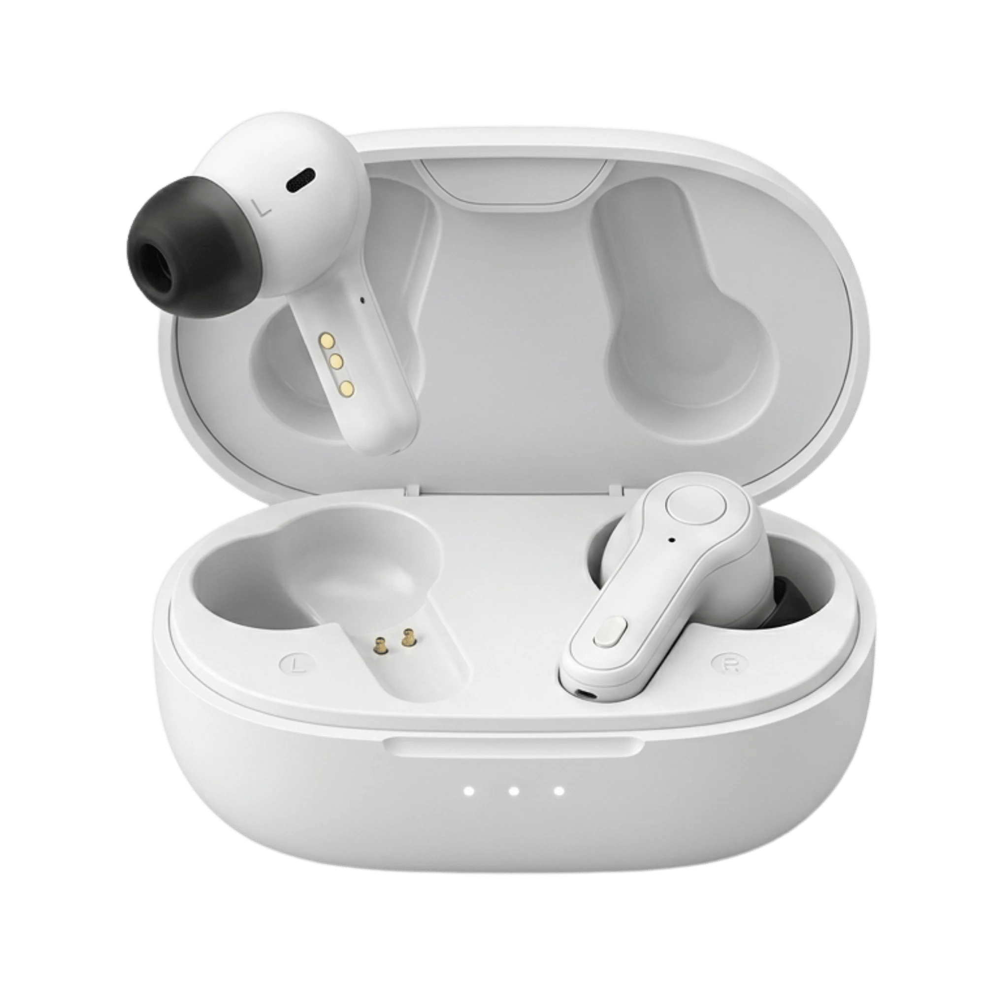 Panda Air earbud-style in-the-canal hearing aids shown with their compact fast-charge case
