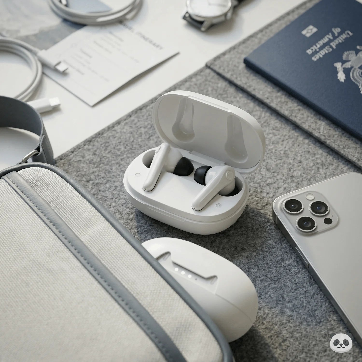 Panda Air hearing aid earbud shown in hand with Bluetooth connectivity